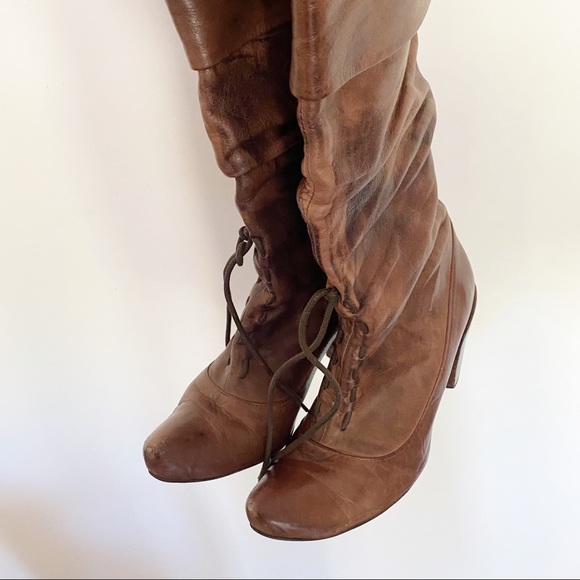 Brown leather marble style lace up heel boots - Picture 5 of 13